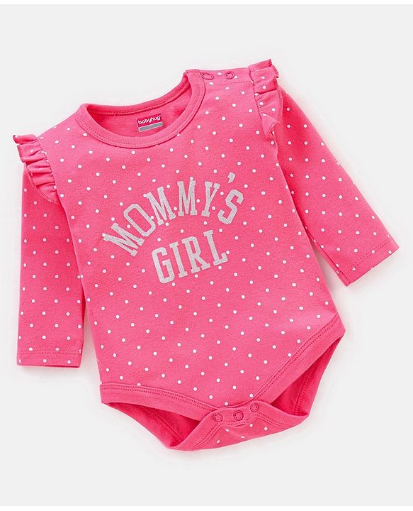 Babyhug 100% Cotton Full Sleeves Onesie With Frill Detailing Dot & Text Print - Pink