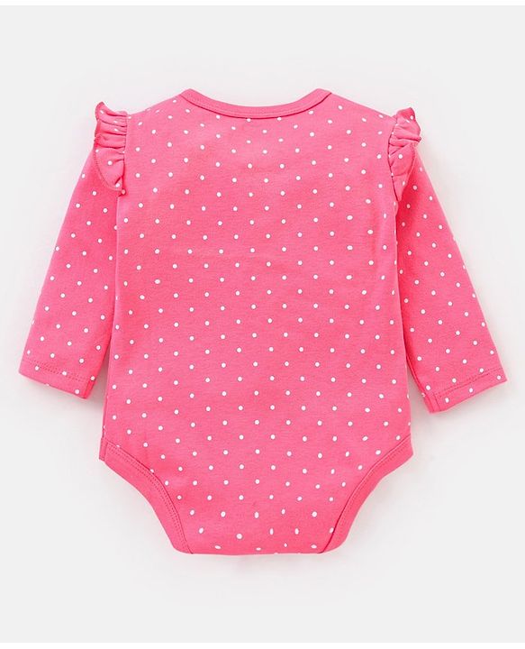Babyhug 100% Cotton Full Sleeves Onesie With Frill Detailing Dot & Text Print - Pink