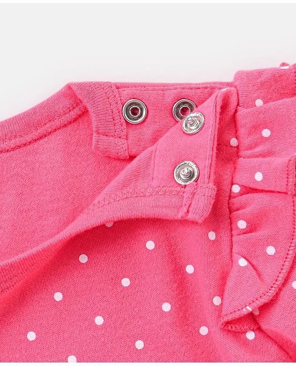 Babyhug 100% Cotton Full Sleeves Onesie With Frill Detailing Dot & Text Print - Pink