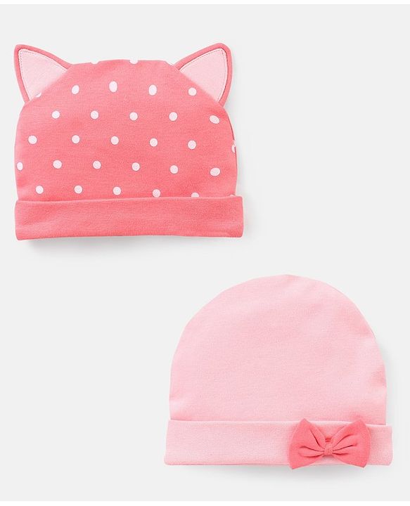 Babyhug 100% Cotton Caps With Bow & Ear Applique Polka Dot Print Pack of 2 Pink - Diameter 16 cm