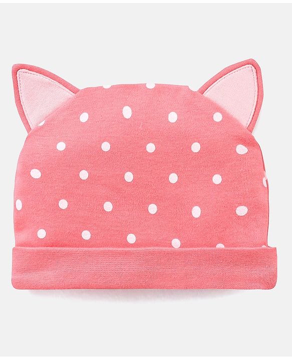 Babyhug 100% Cotton Caps With Bow & Ear Applique Polka Dot Print Pack of 2 Pink - Diameter 16 cm