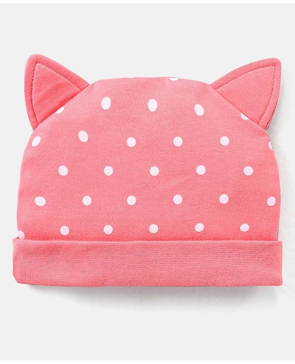 Babyhug 100% Cotton Caps With Bow & Ear Applique Polka Dot Print Pack of 2 Pink - Diameter 16 cm