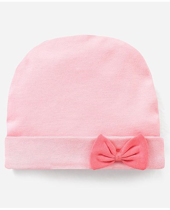 Babyhug 100% Cotton Caps With Bow & Ear Applique Polka Dot Print Pack of 2 Pink - Diameter 16 cm