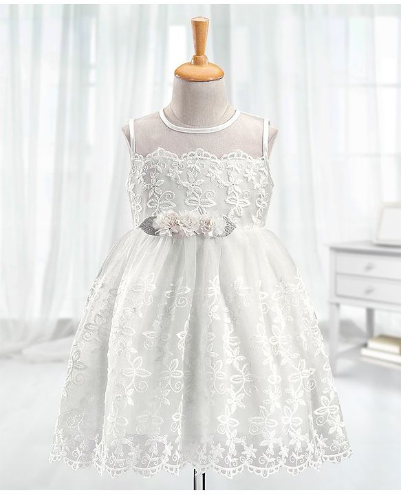 Babyhug Woven Sleeveless Party Dress with Floral Corsage & Embroidered - White