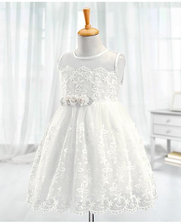 Babyhug Woven Sleeveless Party Dress with Floral Corsage & Embroidered - White