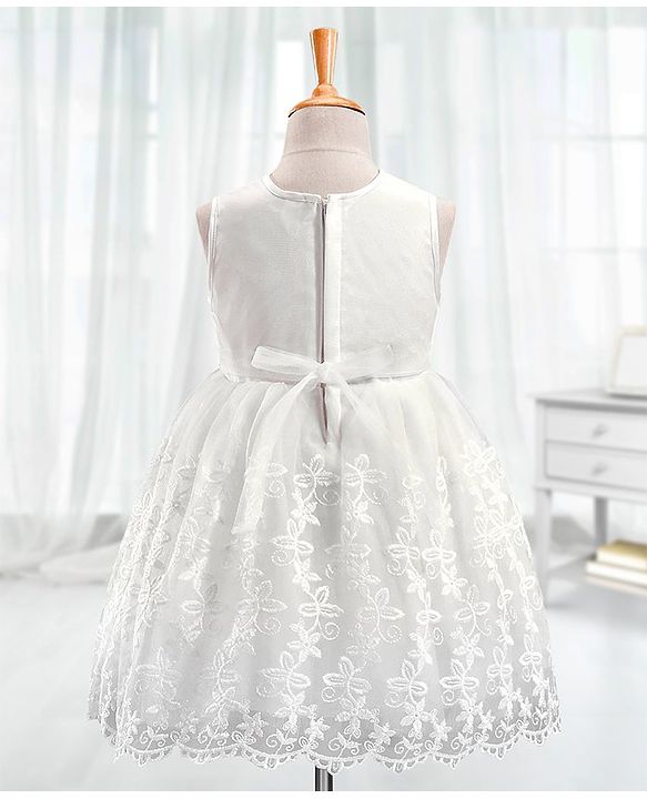 Babyhug Woven Sleeveless Party Dress with Floral Corsage & Embroidered - White