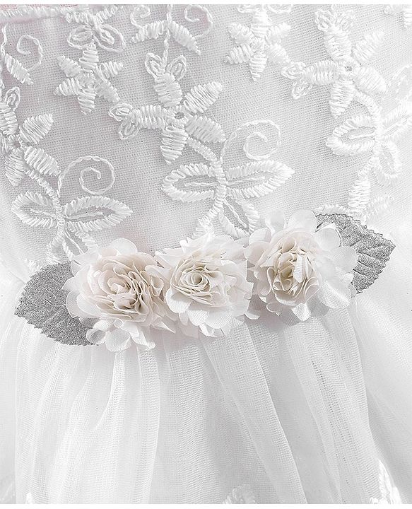 Babyhug Woven Sleeveless Party Dress with Floral Corsage & Embroidered - White