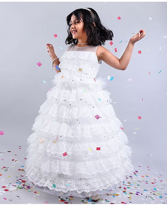 Babyhug Sleeveless Ruffled Lace Party Frock - Ivory
