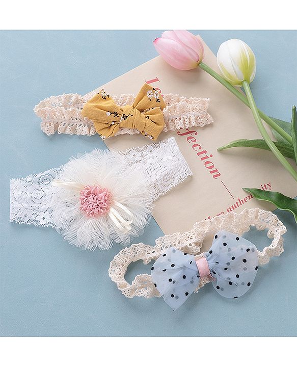 Babyhug Free Size Headbands with Bow Flower Applique Pack of 3 - Multicolour