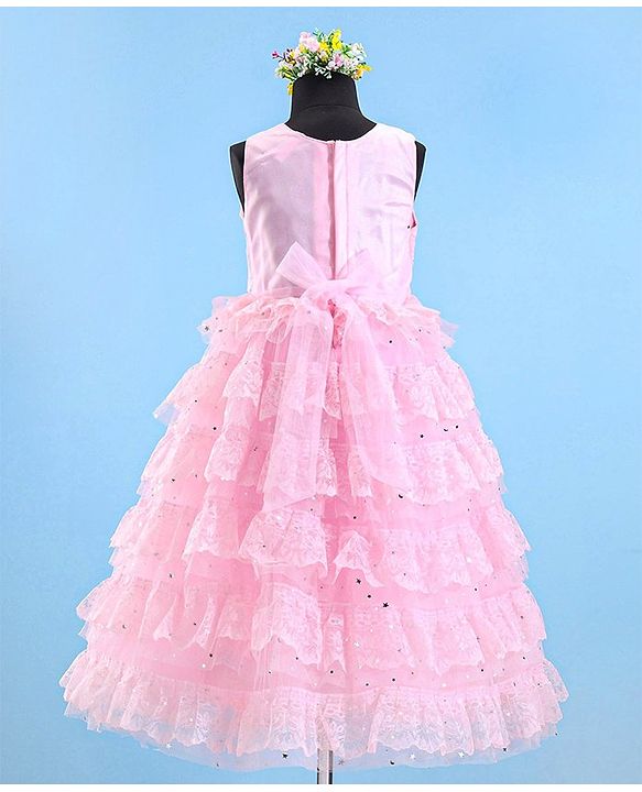 Babyhug Sleeveless Ruffled Lace Foil And Glitter Detailing Frock With Layer - Pink