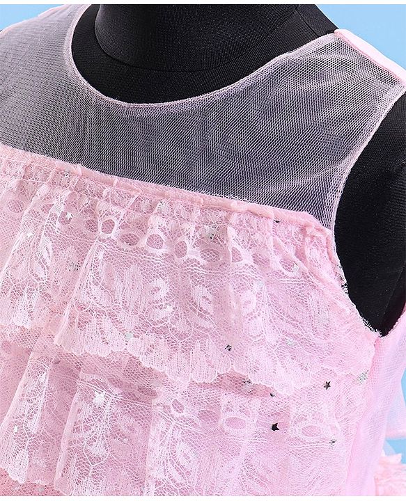 Babyhug Sleeveless Ruffled Lace Foil And Glitter Detailing Frock With Layer - Pink