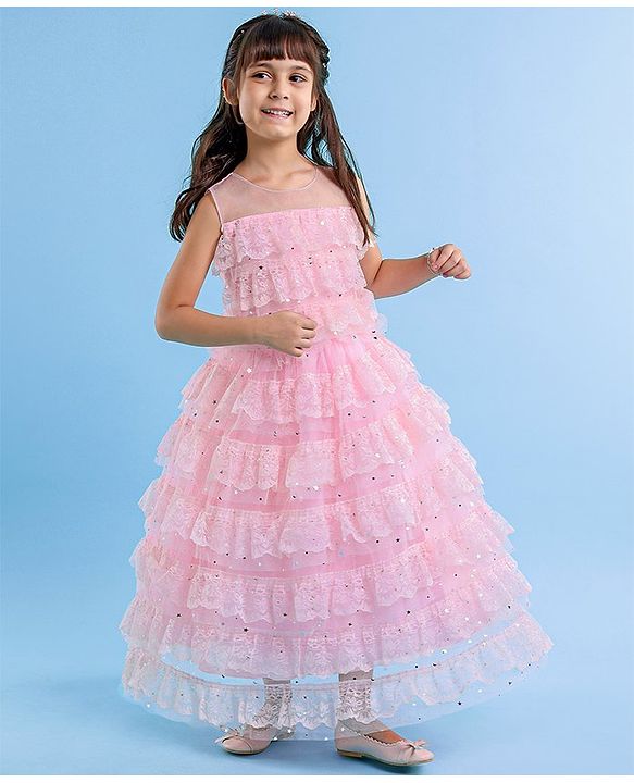Babyhug Sleeveless Ruffled Lace Foil And Glitter Detailing Frock With Layer - Pink