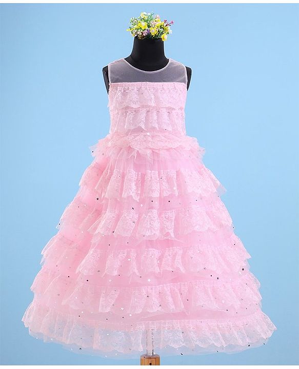 Babyhug Sleeveless Ruffled Lace Foil And Glitter Detailing Frock With Layer - Pink