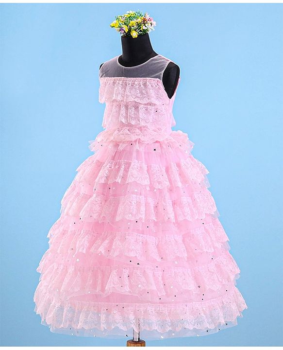 Babyhug Sleeveless Ruffled Lace Foil And Glitter Detailing Frock With Layer - Pink