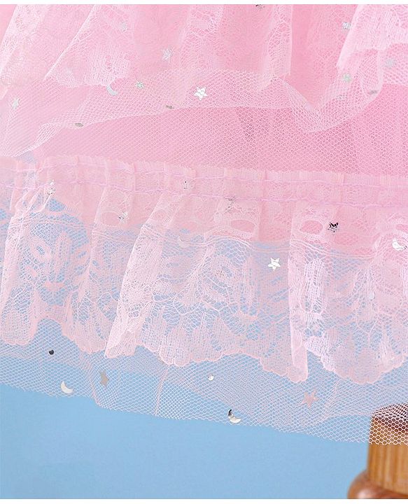 Babyhug Sleeveless Ruffled Lace Foil And Glitter Detailing Frock With Layer - Pink