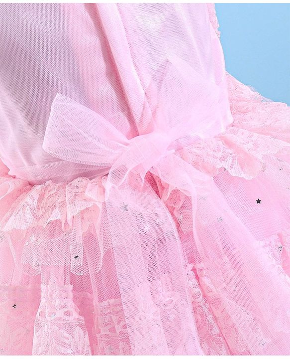Babyhug Sleeveless Ruffled Lace Foil And Glitter Detailing Frock With Layer - Pink