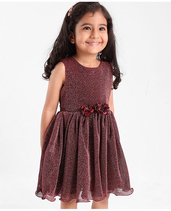 Babyhug Sleeveless Glittered Party Frock  With Corsage - Maroon