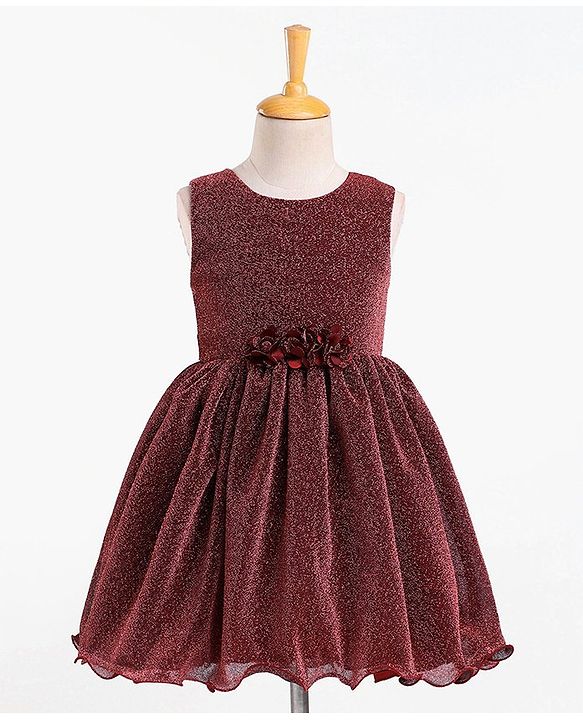 Babyhug Sleeveless Glittered Party Frock  With Corsage - Maroon