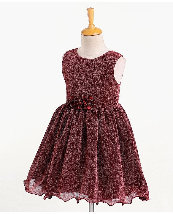 Babyhug Sleeveless Glittered Party Frock  With Corsage - Maroon