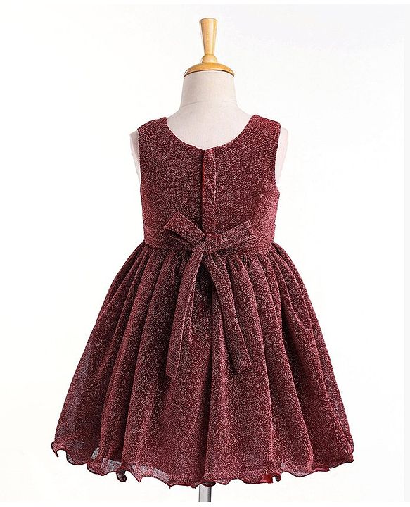 Babyhug Sleeveless Glittered Party Frock  With Corsage - Maroon