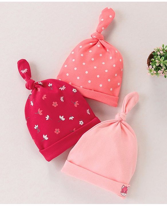 Babyhug 100% Cotton Caps Floral & Dot Print Pack Of 3 Pink - Diameter 10.5 cm