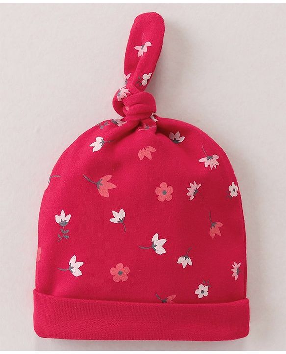 Babyhug 100% Cotton Caps Floral & Dot Print Pack Of 3 Pink - Diameter 10.5 cm