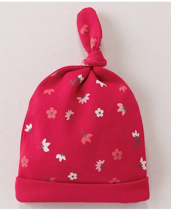 Babyhug 100% Cotton Caps Floral & Dot Print Pack Of 3 Pink - Diameter 10.5 cm