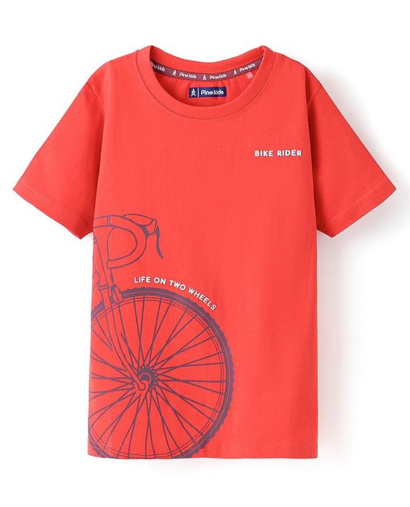 Pine Kids 100% Cotton Half Sleeves Bio Washed T-Shirt Bicycle Print - Red