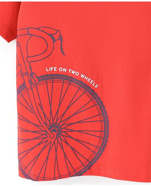 Pine Kids 100% Cotton Half Sleeves Bio Washed T-Shirt Bicycle Print - Red