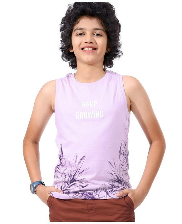 Pine Kids Cotton Sleeveless Biowashed T-Shirt Leaf Print- Purple