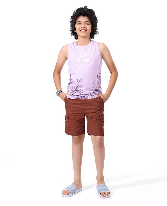 Pine Kids Cotton Sleeveless Biowashed T-Shirt Leaf Print- Purple
