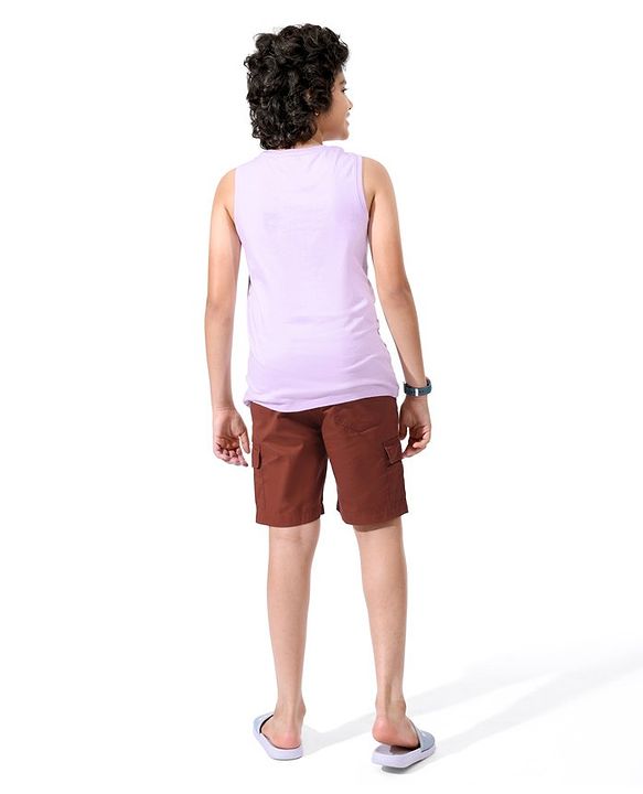 Pine Kids Cotton Sleeveless Biowashed T-Shirt Leaf Print- Purple
