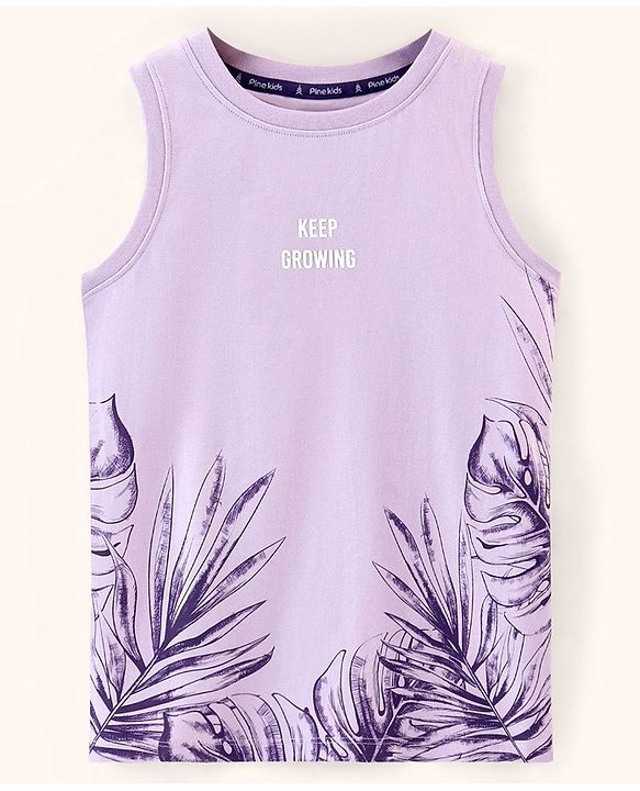 Pine Kids Cotton Sleeveless Biowashed T-Shirt Leaf Print- Purple