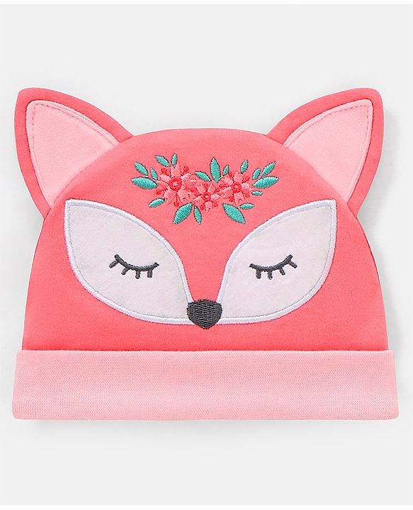 Babyhug 100% Cotton Fox Design Cap Floral Embroidery Peach - Diameter 17 cm