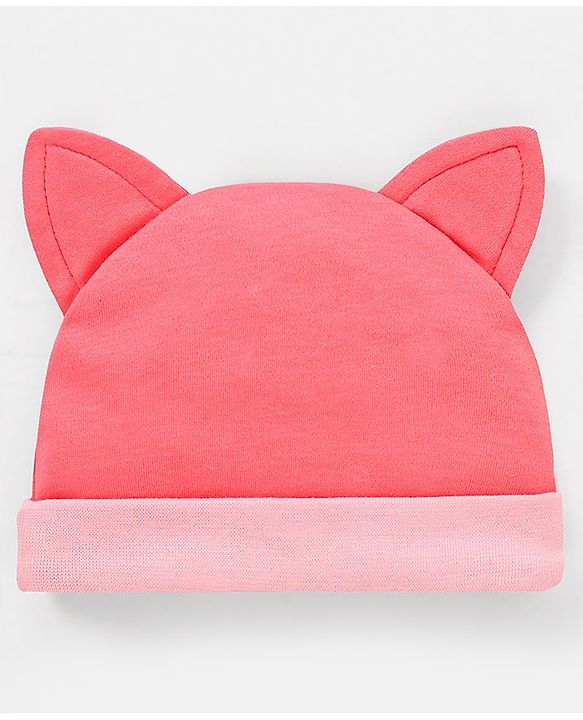 Babyhug 100% Cotton Fox Design Cap Floral Embroidery Peach - Diameter 17 cm