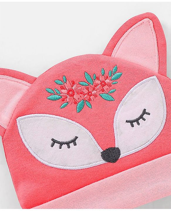 Babyhug 100% Cotton Fox Design Cap Floral Embroidery Peach - Diameter 17 cm