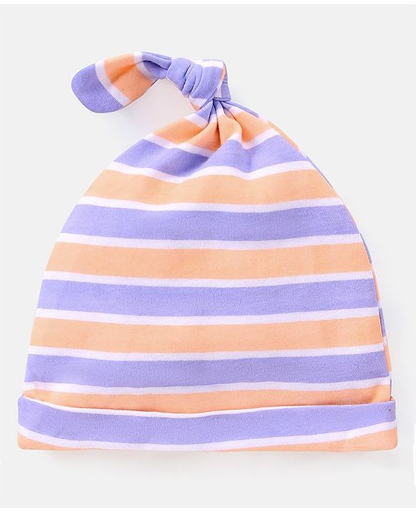 Babyhug 100% Cotton Cap Stripes & Penguin Design Pack of 2 Purple - Diameter 10 Cm