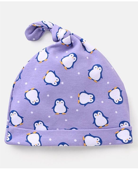 Babyhug 100% Cotton Cap Stripes & Penguin Design Pack of 2 Purple - Diameter 10 Cm