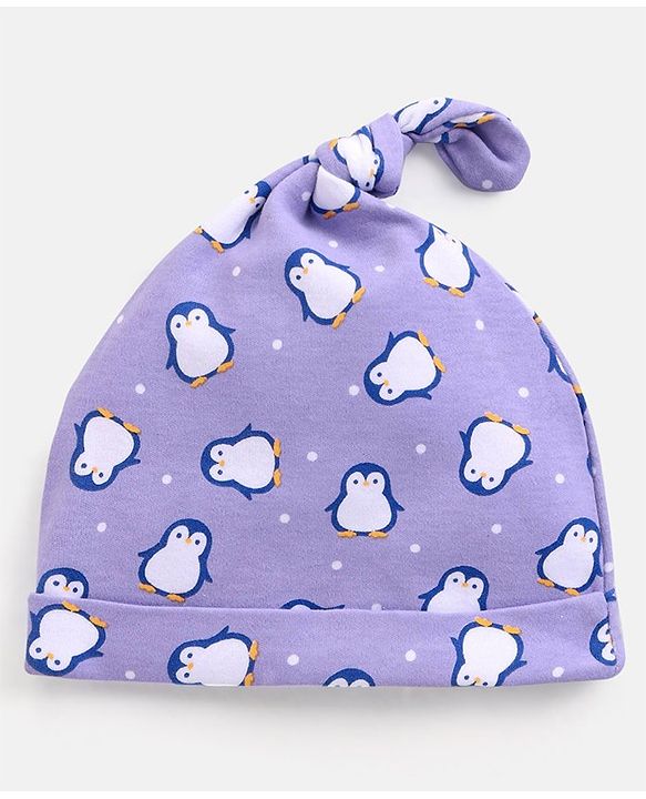 Babyhug 100% Cotton Cap Stripes & Penguin Design Pack of 2 Purple - Diameter 10 Cm
