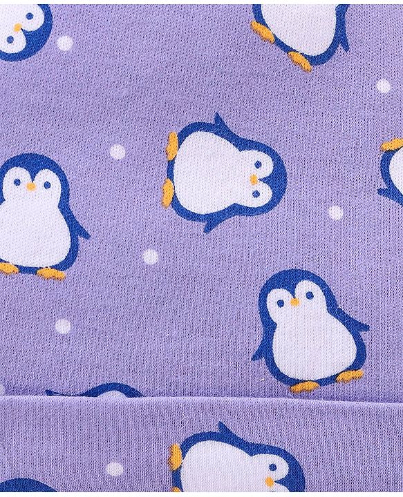 Babyhug 100% Cotton Cap Stripes & Penguin Design Pack of 2 Purple - Diameter 10 Cm