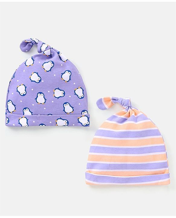 Babyhug 100% Cotton Cap Stripes & Penguin Design Pack of 2 Purple - Diameter 11.5 Cm
