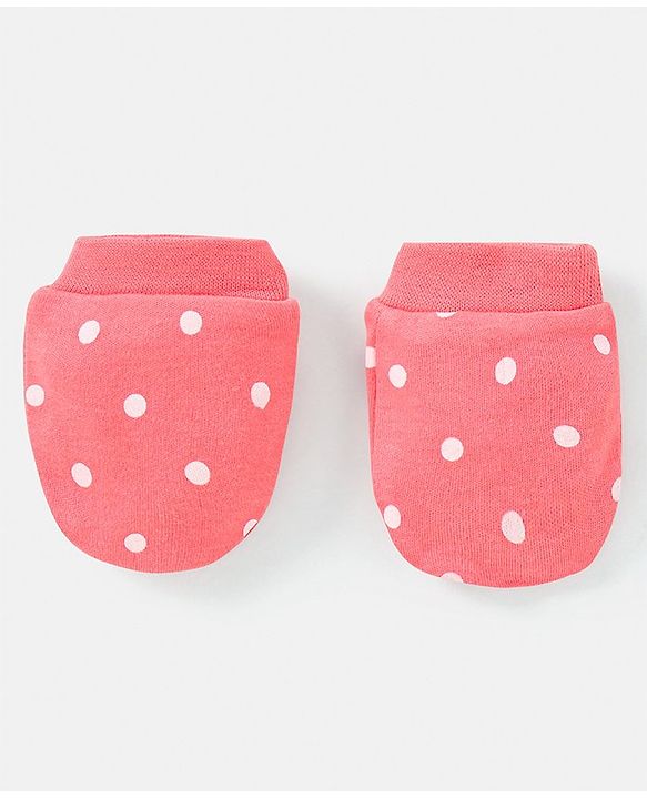 Babyhug 100% Cotton Knit Mittens & Booties Polka Dots Print - Peach