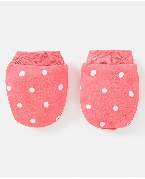 Babyhug 100% Cotton Knit Mittens & Booties Polka Dots Print - Peach