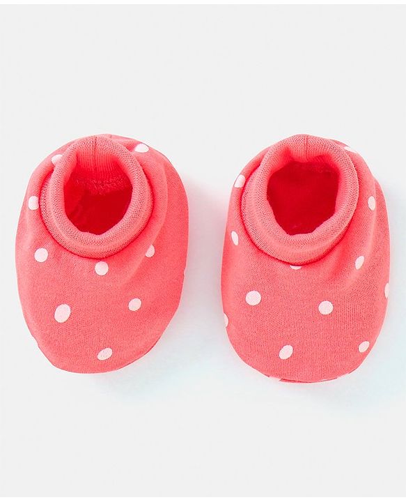 Babyhug 100% Cotton Knit Mittens & Booties Polka Dots Print - Peach