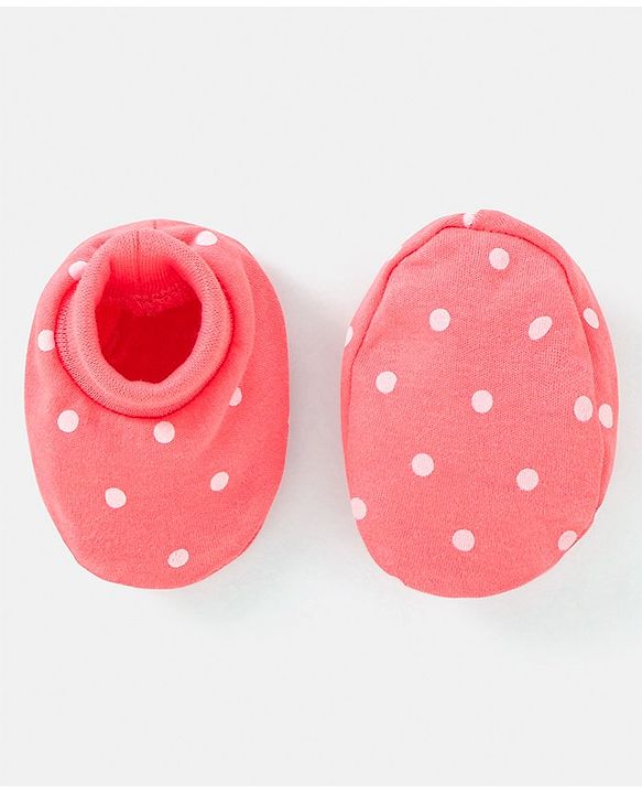 Babyhug 100% Cotton Knit Mittens & Booties Polka Dots Print - Peach
