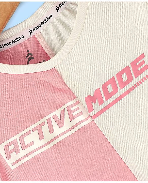Pine Active Half Sleeves T-Shirt Text Print - Pink & White