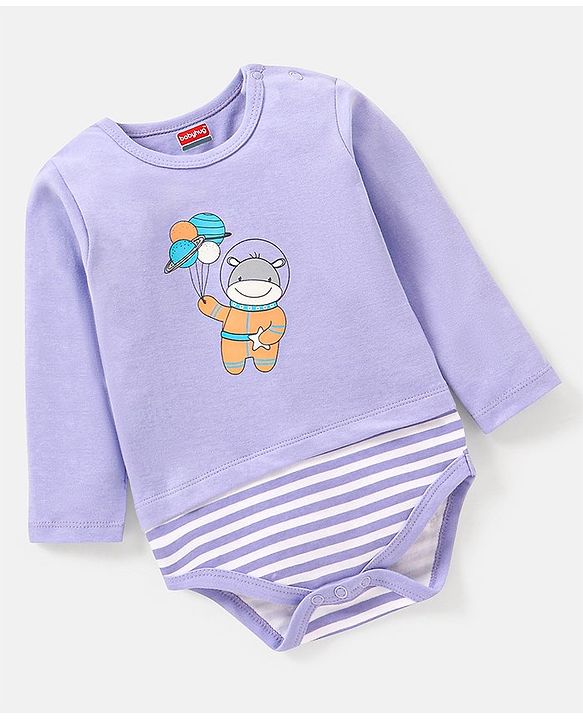Babyhug 100% Cotton Knit Full Sleeves Onesie Hippo Print - Purple