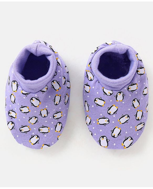 Babyhug 100% Cotton Knit Penguins Printed Booties - Purple