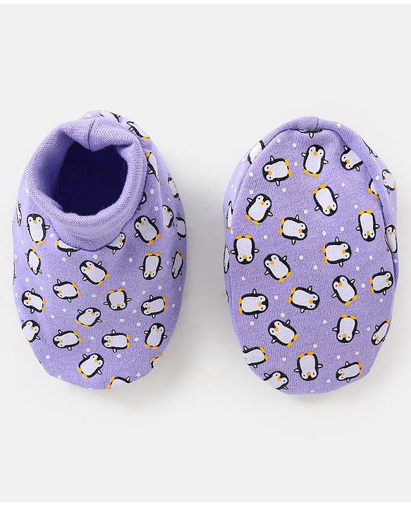 Babyhug 100% Cotton Knit Penguins Printed Booties - Purple