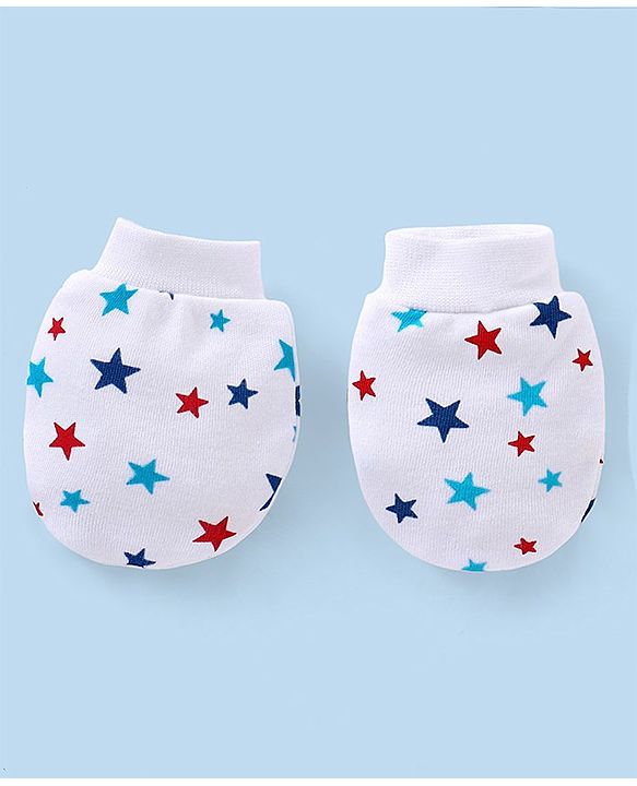 Babyhug 100% Cotton Knit Mittens and Booties Star Print - White